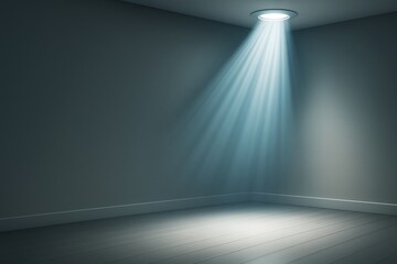 Wall Mural - abstract empty room with spotlight from ceiling casting rays onto wooden floor and dark walls, ideal