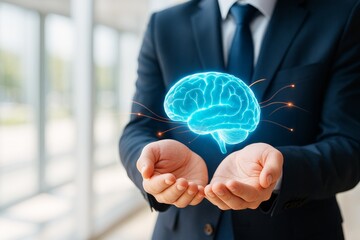 Wall Mural - businessman holding glowing blue digital brain with neural connections in hands, symbolizing innovat