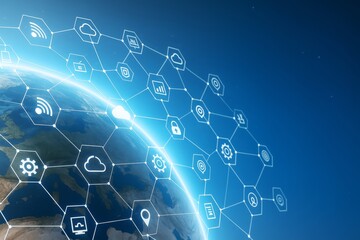 Wall Mural - global technology network concept with digital icons connected over earth in futuristic hexagonal gr