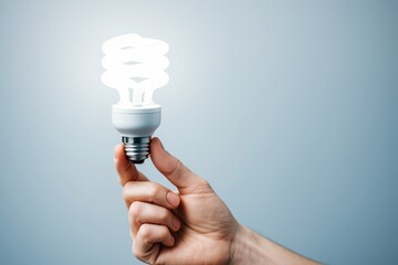 Wall Mural - energy-efficient light bulb held by hand on blue background symbolizing innovation and eco-friendly 