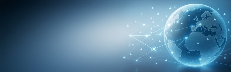 Wall Mural - digital globe with connected network nodes and abstract light elements on blue gradient background f