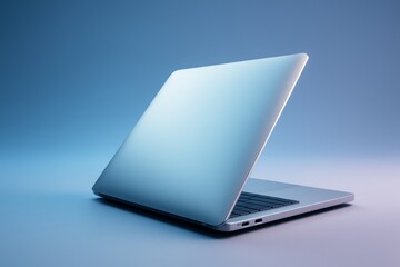 minimalistic laptop mockup with partially open lid on blue gradient background for design template o