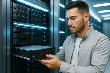 Wall Mural - technician working with server hardware in modern data center room with blue led lights in backgroun