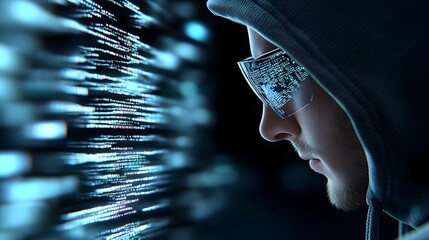 In a dark workspace, a cyber investigator wearing AR glasses examines deep web data on holographic screens. 