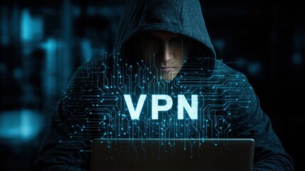 mysterious figure uses laptop to connect to virtual private network in a dark, tech-inspired environ