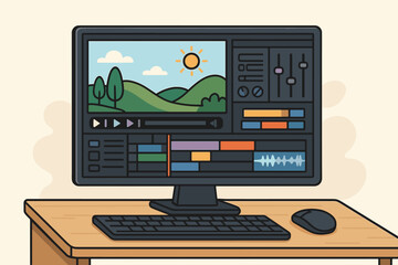 video editor software on a desktop computer screen. user interface with timeline for editing footage