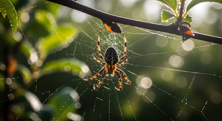 Backlit orbweaver spider with hairy legs resting on its intricate dewcovered web.