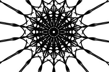 an intricate black and white abstract design, featuring a radial pattern reminiscent of a complex mandala or starburst