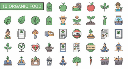  Organic food icons:  farm-to-table produce, healthy eating, sustainable agriculture.