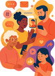 © sanjula - Diverse People Using Smartphones and Social Media Icons – Digital Communication Across Generations