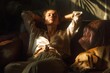 © Fancy Imagination - Relaxed woman enjoying peaceful morning sunlight on couch with dog at home
