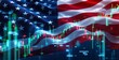 © VideoFlow - Financial stock market candlestick chart overlaid on waving USA flag with glowing data symbols representing economic business concept and investment trends. Ai generative