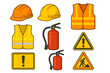 © Lena - Safety equipment vector icon set. Personal protective equipment for construction work. Hard hat, safety vest, fire extinguisher, and warning signs. Cartoon illustration.