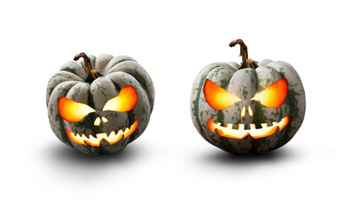 Wall Mural - Two lit green, white and orange spooky halloween pumpkin, Jack O Lantern with evil face and eyes isolated against a transparent background