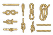 © Paula - Rope and knot collection vector set. Nautical, sailing, and climbing knots illustration. Twisted cord, string, and marine loop icons. Different hitches and ties isolated.