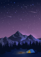 Wall Mural - Night landscape with mountains, forest, tent, and bonfire. Concept of summer camp, camping, outdoor recreation, tourism design. Vector illustration.