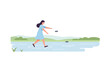© King - Carefree woman skipping stones across tranquil lake, enjoying nature's simple pleasures outdoor activity