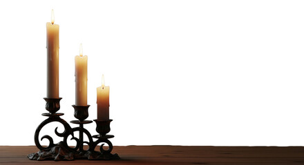 Burning candles on empty wooden table for display products isolated on white or transparent background