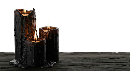 Halloween burning candles on empty wooden table for display products isolated on white or transparent background