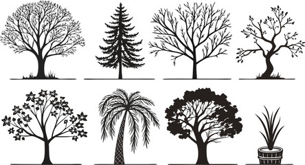 Vector art of collection of diverse tree silhouettes showcasing various species and shapes for design and artistic applications