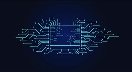 Stylized Computer Monitor with Circuit Board Design in Blue Tones
