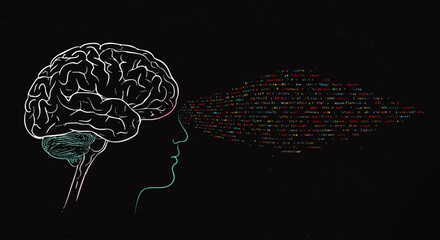 Stylized line art of a human profile and brain, emitting a vibrant stream of colorful computer code, representing a digital mind.