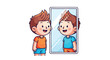 © Komang - Young boy smiling at his own reflection in the mirror a concept of selfawareness and identity.