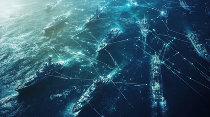 Wall Mural - Modern military assets fighter jets naval ships satellites data links. Ocean scene. Ships connected by data network
