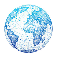A digitally rendered blue globe illustrates worldwide connectivity and a complex network of data lines, symbolizing global communication and technological advancements across continents.