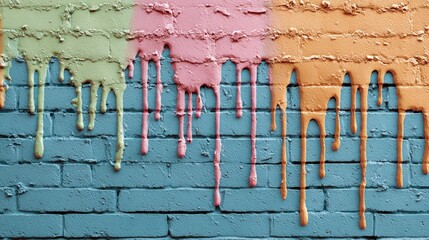 Canvas Print - Colorful Dripping Paint on Textured Brick Wall in Vibrant Hues