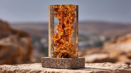 Amber Resin Sculpture with Textured Orange Layers in Natural Setting