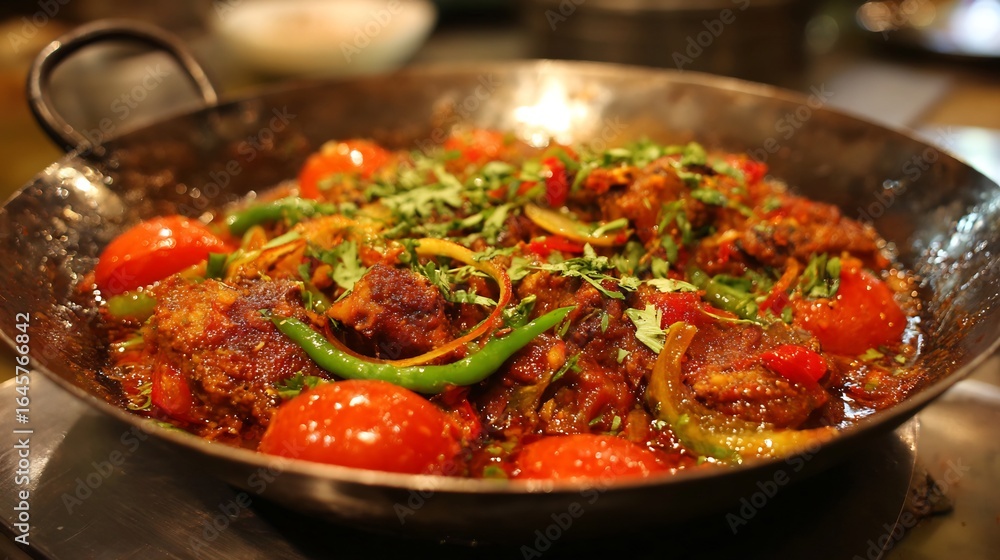 Pakistani Karahi Chicken Cooked Tomatoes Green Chilies Ginger Served In pakistani-karahi-chicken-cooked-tomatoes-green-chilies-ginger-served-in