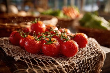 Vibrant Red Cherry Tomatoes Glistening with Water Droplets on a Rustic Net