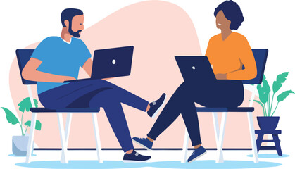 Two people sitting doing work with laptops - Focused man and woman colleagues working on computers together on chairs. Co-working and teamwork concept in flat design vector illustration