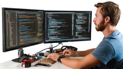 coding with focus: a focused individual immerses himself in the digital world, crafting lines of cod