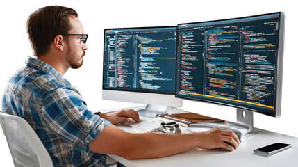 code explorer: a tech-savvy individual, engrossed in coding on a dual-screen setup. capturing the es