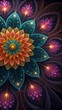 © Ayasha - Abstract floral design with vibrant colors featuring a central flower with orange teal and yellow petals surrounded by glowing stylized leaves and sparkling