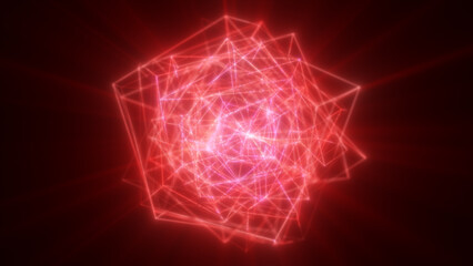 Wall Mural - vibrant red glowing digital sphere with dynamic interconnected lines and energy spark effects on a d
