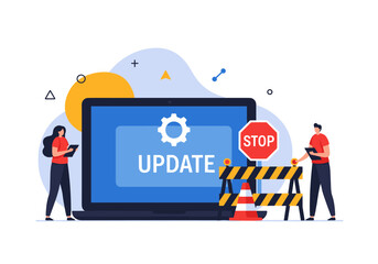 System update maintenance progress bar and technical support team working together