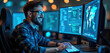 © Pete - Male programmer smiling working on multiple computer screens displaying code, world map. Wears glasses, checkered shirt, typing on glowing keyboard in dark office environment with bokeh lights.