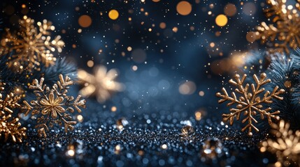 Gold snowflakes on dark blue background with bokeh