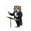 © FANGWORLD - Distinguished Owl Conductor in Formal Tuxedo, Poised with Baton and Music Stand, Epitomizing Wisdom and Artistic Command.