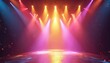 © Pete - Stage illuminated by vibrant colorful spotlights. Bright lights create dramatic atmosphere with glowing particles. Used for fashion shows, performances, events, theatre, presentations.