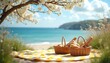 © Pete - Summery seaside picnic setup on yellow, white checkered blanket. Two wicker baskets overflow with fresh bread loaves. Blooming tree branches frame scene with blue sea, sky backdrop. Ample copy space