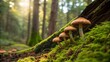 © StocksJust4You - Edible mushrooms resting on vibrant mossy ground in a tropical forest, positioned near a single rotten fallen tree, surrounded by lush greenery and soft filtered sunlight