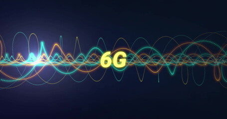 Sticker - featuring yellow 6g text floating on digital gradient backdrop, with colorful waveform lines