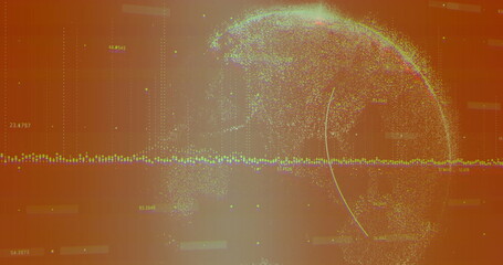 Wall Mural - digital globe hovering on data dashboard with dotted line, multicolored points and numeric labels