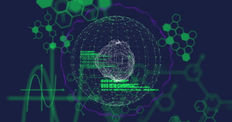 Wall Mural - wireframe globe rotating in data display, with green code panels, hexagon motifs, waveform graph
