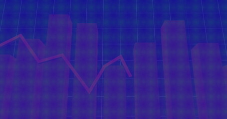 Wall Mural - displaying digital semi-transparent 3d bars rising on dark blue grid, with red line graph overlay