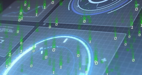 Wall Mural - displaying holographic interface streaming binary code on dark grid, with circular panels